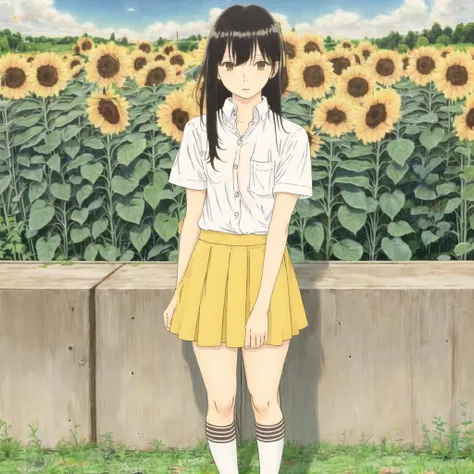 <lora:puparia2:1.0> , puparia, painting, 1girl, black skirt, brown eyes, brown hair, hair ornament, kneehighs, long hair, school uniform, serafuku, shoes, skirt, solo, standing, sunflower hair ornament, white background, white legwear