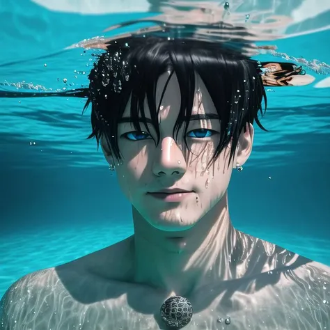 <lora:watercaustics:1.0>, watercaustics, reflecting, 1boy, bath, bishounen, black hair, blue eyes, hair between eyes, highres, himori yuhara, jewelry, long hair, looking at viewer, male focus, partially underwater shot, pool, poolside, ring, smile, solo, t...