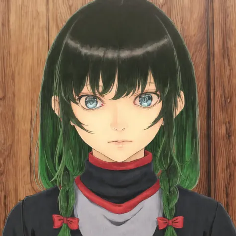 <lora:puparia2:1.0> , puparia, painting, 
1girl, bangs, black gloves, black ribbon, black serafuku, blue eyes, braid, elbow gloves, gloves, green hair, green neckerchief, hair between eyes, hair flaps, hair ribbon, neckerchief, parted bangs, ponytail, ribb...