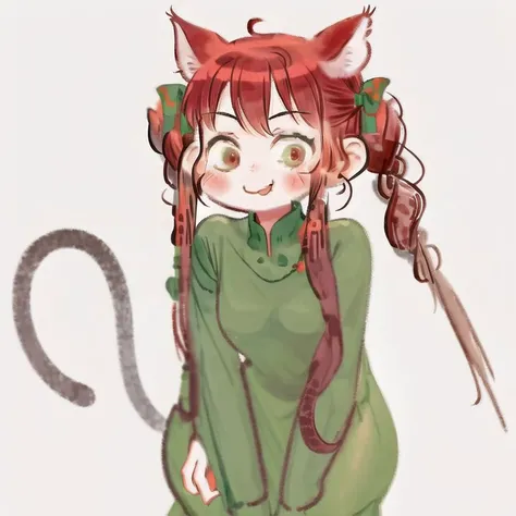 <lora:Ajura_Sashimi:1> 1girl, :3, animal ears, apron, blush, braid, cat ears, cat tail, dress, extra ears, green dress, long hair, multiple tails, nekomata, pantyhose, red eyes, redhead, simple background, smile, solo, tail, twin braids, twintails, two tai...