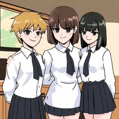 <lora:anime_paint:1>, 4girls, 5boys, bangs, black eyes, black hair, blouse, blunt bangs, bowl cut, brown hair, bullying, ceiling light, classroom, closed mouth, desk, dutch angle, emi (mob psycho 100), extra, gakuran, highres, holding, indoors, laughing, l...