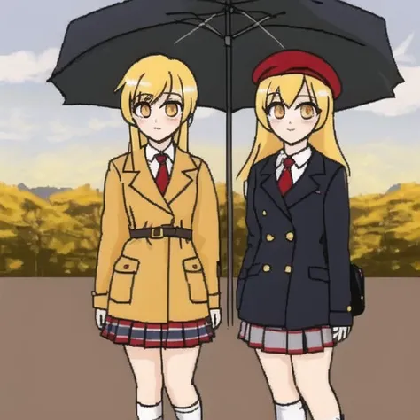 <lora:anime_paint:1>, 2girls, alternate costume, bag, blonde hair, brown hair, bus, bus stop, buttons, cat, coat, coat removed, ground vehicle, hat, long hair, motor vehicle, multiple girls, shoes, short hair, skirt, sneakers, sweater, yellow eyes