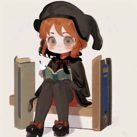 <lora:Ajura_Sashimi:1> 1girl, :o, bangs, beret, black capelet, black dress, black footwear, black hat, black wings, blush, book, bow, brown background, brown eyes, capelet, chibi, detached wings, dress, drop shadow, forehead, hair bow, hat, highres, holdin...