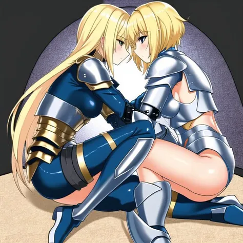 <lora:fetal_position2:1.0> , fetal position,  bent legs,   2girls, armor, blonde hair, blue hair, breasts, creator connection, cyborg, female, long hair, multiple girls, short hair, sword, weapon