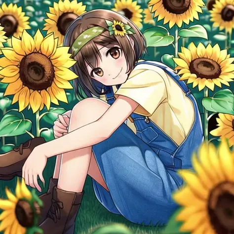 <lora:fetal_position2:1.0> , fetal position,  bent legs,   brown eyes, brown hair, brown hiar, flower, hairband, highres, overalls, smile, solo, sunflower