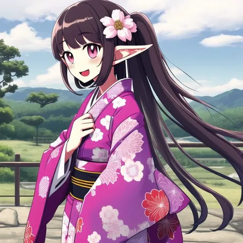 <lora:powtaytow3333:1>, powtaytow3333, cartoon, background, 1girl, :d, bangs, blush, breath, ett, floral print, flower, gate, hair flower, hair ornament, highres, japanese clothes, kimono, long hair, long sleeves, looking at viewer, looking back, obi, open...