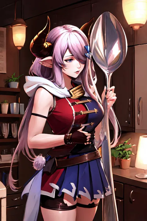 anime girl with a spoon and a hat in a kitchen