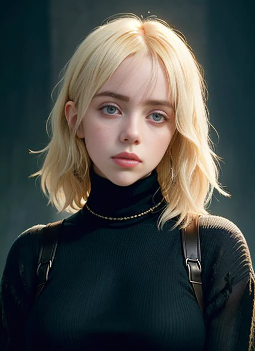 a woman with blonde hair and a black turtle neck top