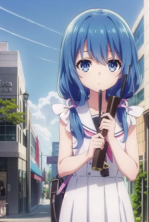 dalyoshino, <lora:dal yoshino s2-lora-nochekaiser:1>,
yoshino casual, long hair, blue eyes, twintails, school uniform, blue hair, eyepatch, puppet, hand puppet, serafuku, sleeveless,
BREAK ,
BREAK outdoors, city, sky, clouds, buildings, sun,
BREAK looking ...