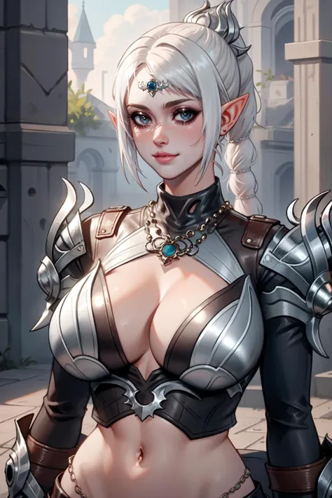 (masterpiece, best quality:1.3) Selunite, Shadowheart, BGShadowheart, 1girl, solo, long hair, jewelry, closed mouth, upper body, ponytail, braid, white hair, pointy ears, necklace, looking at viewer, elf,
((huge breasts, cleavage, sexy leather armor, midri...