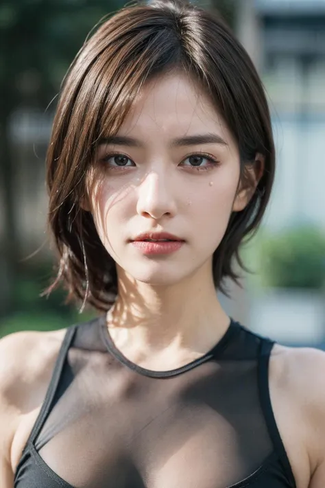 a close up of a woman in a black top posing for a picture