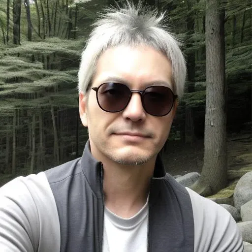 male ,44 years old,japaneses,Flat nose,thin eyes,casual,medium,tall,full body ,perfect wear,sunglass,white&gray hair,perm hair,short hair,outdoor,trekking,mt takao  <lora:olm:0.5>