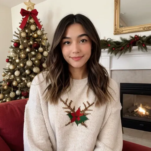 a woman sitting on a couch in front of a christmas tree