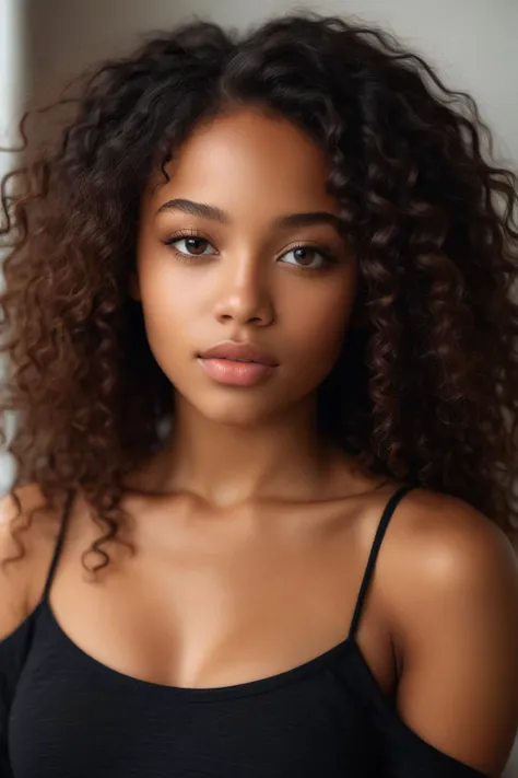 (close:1.3) photo of beautiful black girl, with curly long hair, small breasts, detailed skin, photo of shoulders and head, soft light, cozy, (closeup:1.1) rule of thirds,