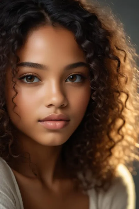 a close up of a woman with curly hair and a white shirt