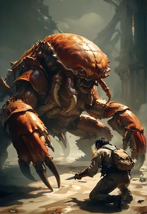 boss battle against a giant enemy crab that is (threatened by butter:1.2), intricate, atmospheric, shadows, low-key, fragile, shadows, <lora:XL_boss_battle:0.6>, <lora:EldritchRomanceIllustration:0.7>