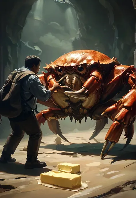 boss battle against a giant enemy crab that feels (threatened by a piece of butter:1.2), intricate, atmospheric, shadows, low-key, fragile, shadows, <lora:XL_boss_battle:0.6>, <lora:EldritchRomanceIllustration:0.7>