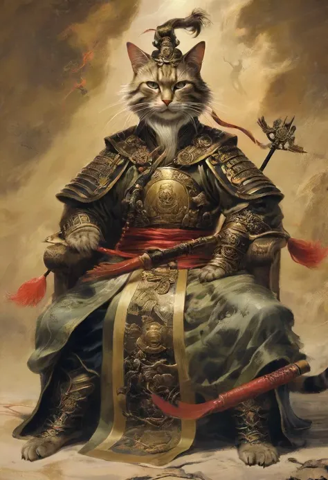 a painting of a cat dressed in armor sitting on a chair