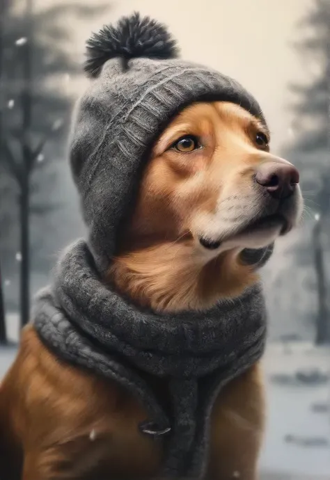 a close up of a dog wearing a hat and scarf