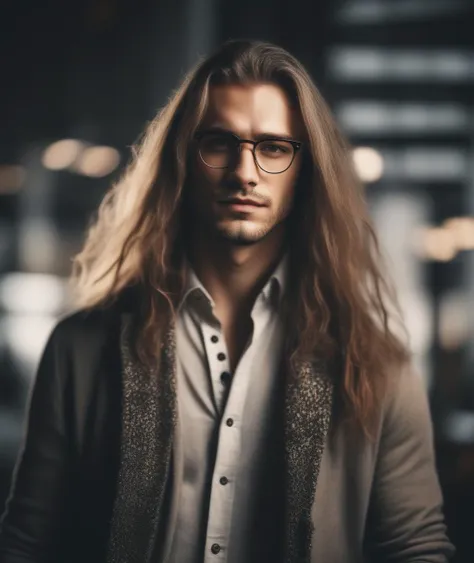 a man with long hair and glasses standing in a dark room