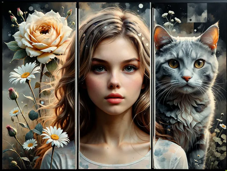 Realistic and detailed. 

A painting of three segments, each separated by white lines. Geometric division of a painted work. In one segment is a painting of a woman. In another segment is a painting of a cat. In another segment is a painting of flowers. Ea...