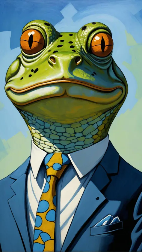 animated film style painting of a frog wearing a tie and a shirt with a tie, inspired by max ernst, inspired by oswaldo guayasamn, inspired by paul feeley, anthropomorphic turtle, reptile face, psychedelic frog, as an anthropomorphic turtle, inspired by aa...