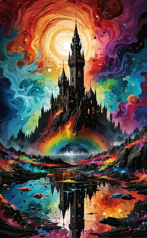 a painting of a castle with a rainbow in the sky