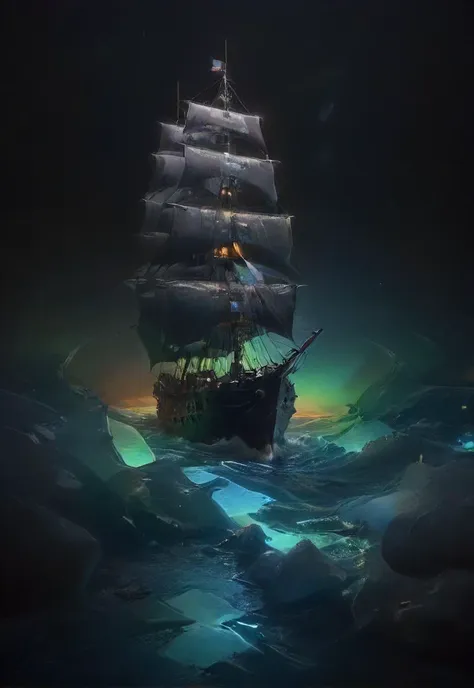 a ship floating in the ocean at night with a bright light