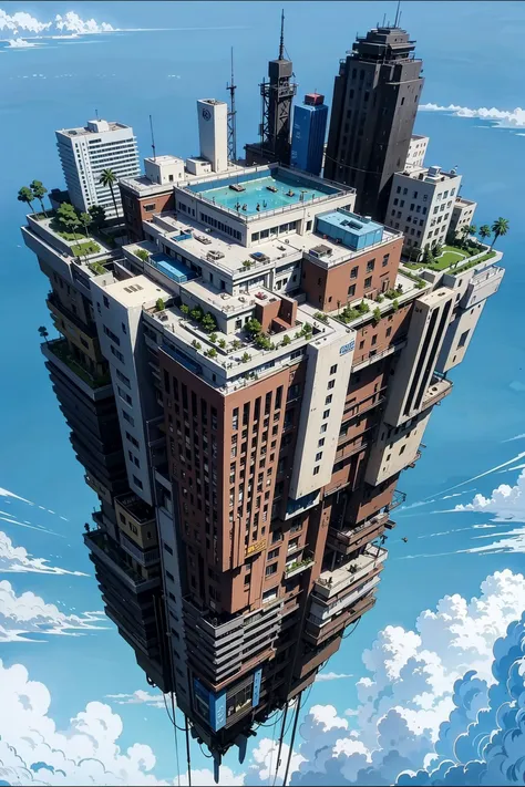 a picture taken from above of a floating city with a swimming pool