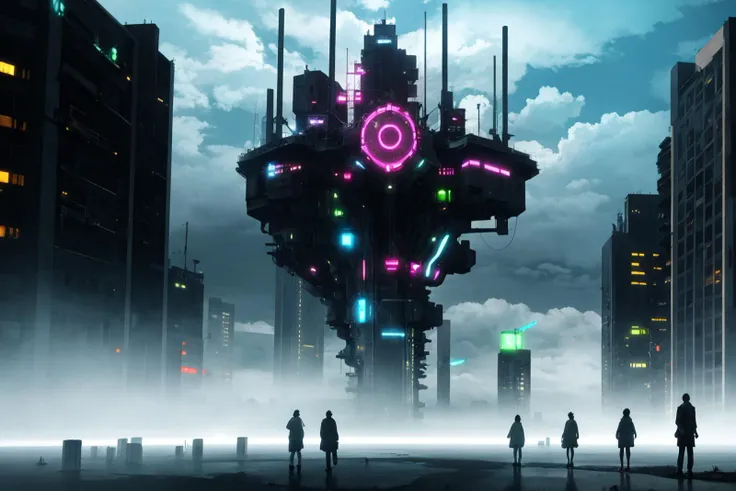 a group of people standing in front of a futuristic city