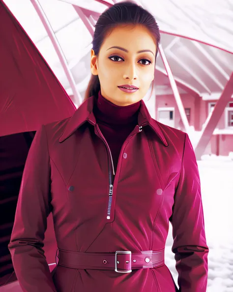 glamorous photo of dimz woman, conservatively dressed,  wearing Maroon high neck clothe that cover the neck chest and abdomen, shy look, simple steampunk interior background in bokeh   <lora:dimz_Diya_Mirza_SD15_LoRA_prodigy_local_regs:1>