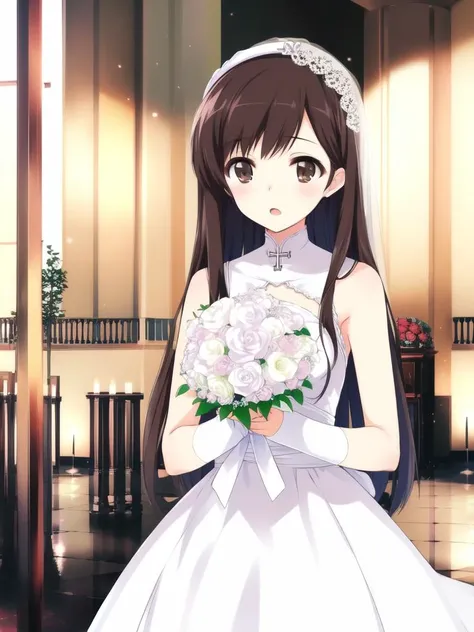 <lora:Morikawa_Yuki:0.8>, MorikawaYuki, 1girl, soro, long hair, brown eyes, black hair, brown hair, hairband, bangs. white
wedding_dress, church, flour, bouquet,
masterpiece, high quality, very_high_resolution, large_filesize, full color,