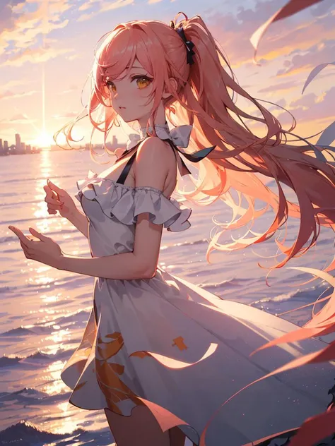 1girl, solo, huanxiaoyi, (best quality, 8K, masterpiece, ultra detailed:1.2), cinematic angle, ocean, sunset, gredient sky, dappled sunlight, beautiful clouds, cityscape, lens flare, sparkle, light particles, wide shot, sunbeam, orange clouds, blurry backg...