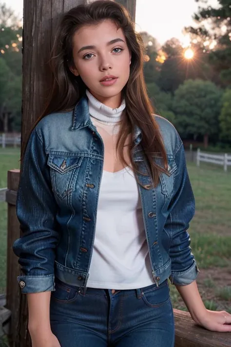 arafed woman in a white shirt and blue jean jacket leaning on a fence