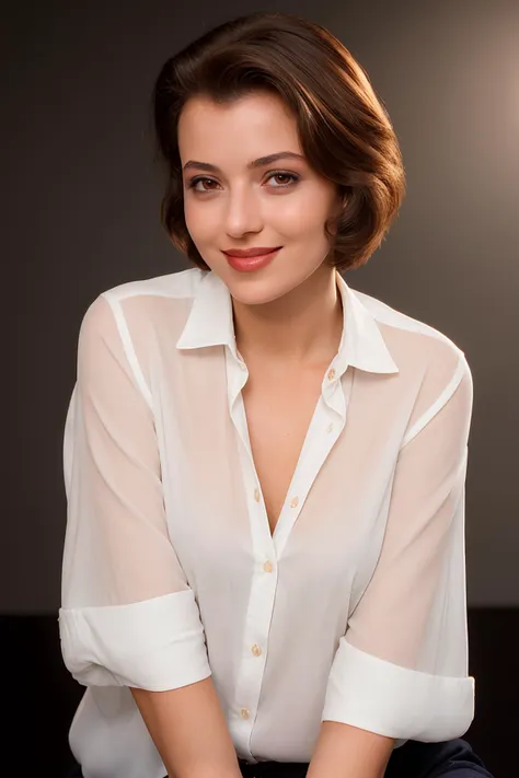 a woman in a white shirt sitting on a black surface