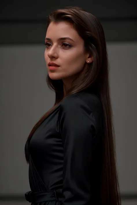 a woman with long hair wearing a black dress and a red lipstick