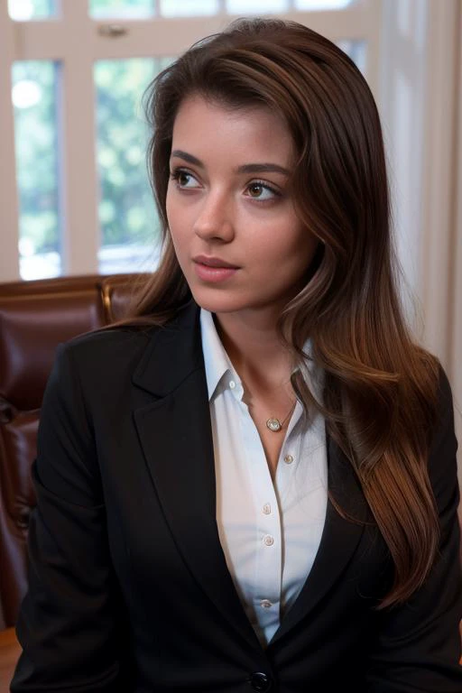 a close up of a woman in a suit sitting in a chair