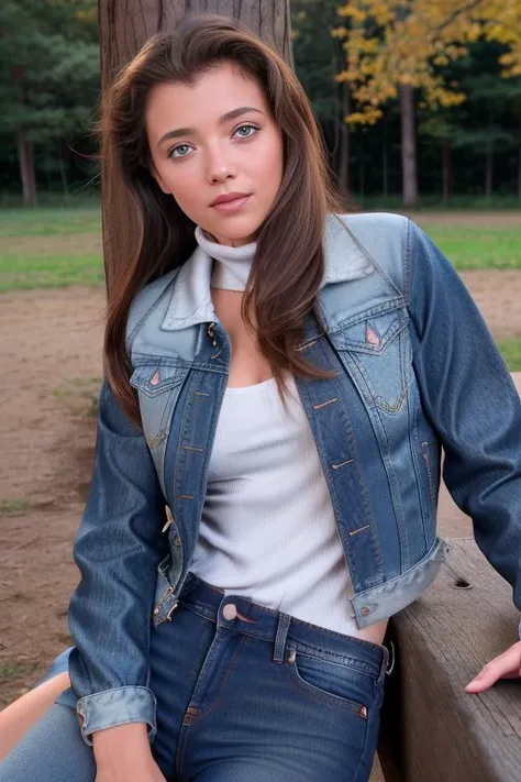 arafed woman in a denim jacket and jeans leaning on a bench