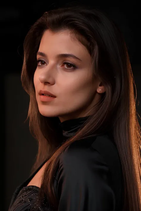 a close up of a woman with long hair wearing a black dress