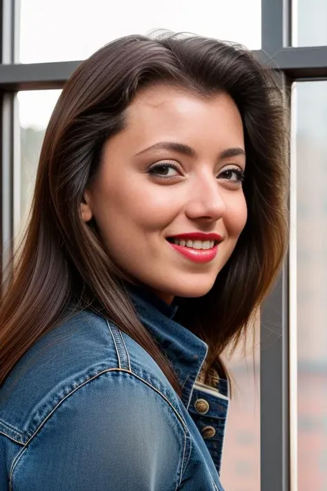 arafed woman with long hair and a denim jacket smiling