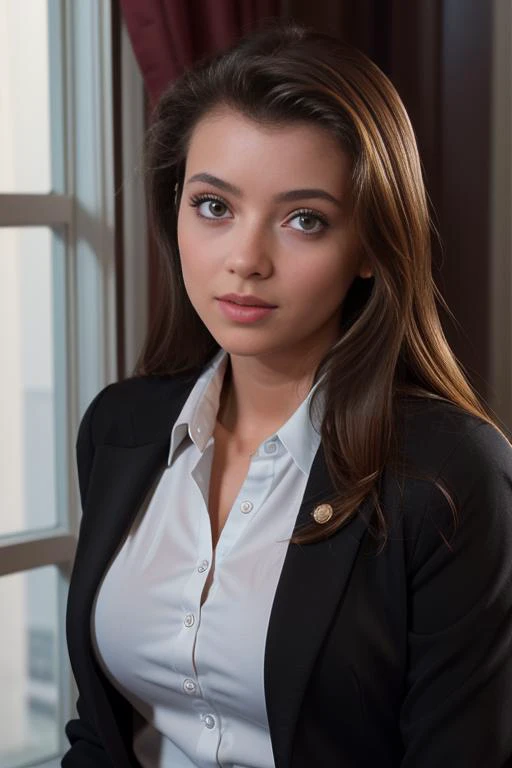 a close up of a woman in a suit sitting in front of a window