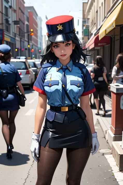 araffe dressed in uniform walking down a street with a police officer