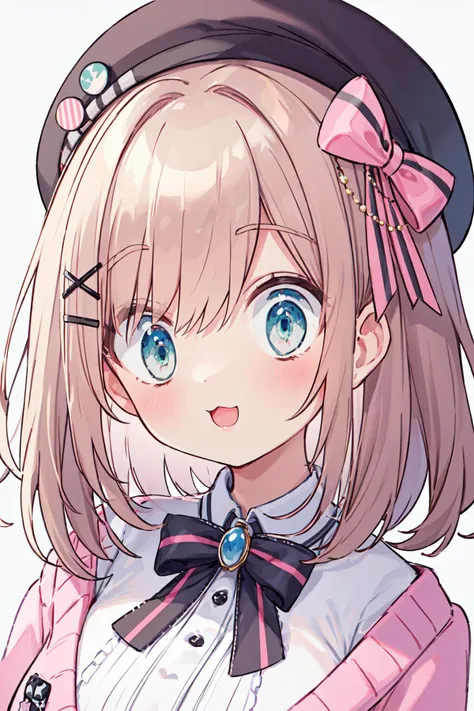 anime girl with blue eyes and a pink bow in her hair