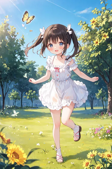 anime girl running in the park with butterflies flying around her