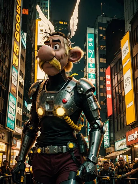 8k UHD, Photo by Nikon camera, masterpiece, (<lora:Asterix:1> 1man, Asterix, blonde hair, black top, wings, facial hair, mustache, red pant), man, male, cartoon, watching viewer, 8k unreal engine render, cyberpunk, tech armor, glowing armor, neon armor, po...