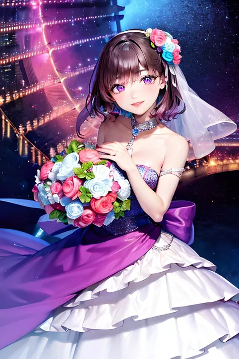 1girl, woman, gorgeous, purple hair, <lora:Eimi:0.7>

unreal engine graphics, women in wedding dress, looks at viewer, smile, neon lights, high detail, bright colors, ultra high quality, hyperrealism, photorealism, [octane rendering].