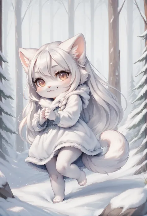 anime girl in winter clothes walking through a snowy forest