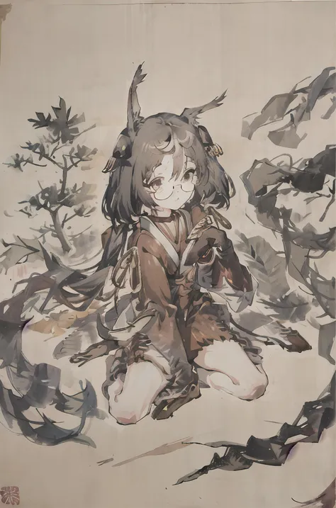 hatakaze (azur lane), 1girl, ginkgo leaf, glasses, solo, sleeves past fingers, leaf, choker, (hakama skirt:1.1), (brown kimono:1.1), leaf on head, autumn leaves, looking at viewer, wide sleeves, kneehighs, hair ornament,  <lora:hatakazeAzurLane_hatakaze:1>...