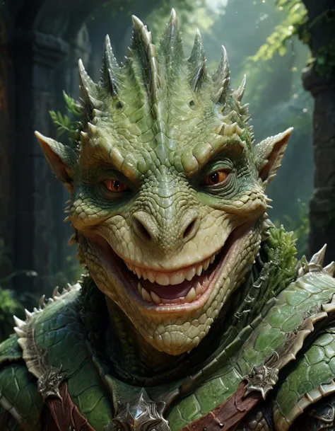 D&D style portrait, fantasy, digital art, close up of a Male Argonian, Smiling, Fairy-Tale, Depth of field 270mm, concept art, elaborate, close-up, manly, detailed face<lora:Artistic Image Enhancer v1.0:1.0>