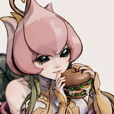 ((masterpiece)), best quality, <lora:digimon_lillymon_v2_nai:1>, perfect face, 1girl, close-up, two-handed burger, holding a huge burger with both hands, eating, digimon_lillymon,